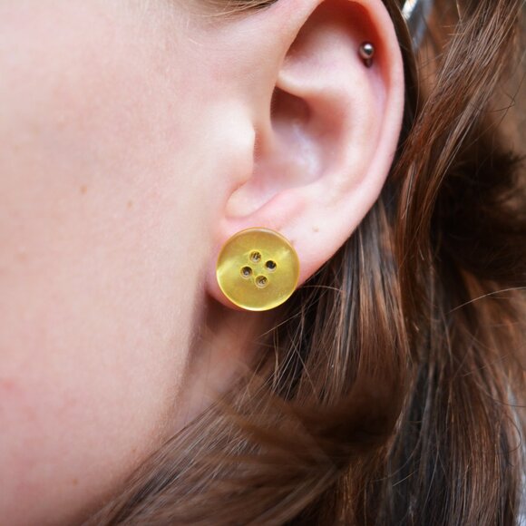 Handmade Shiny Yellow Button Stud Earrings - Picture 6 of 7